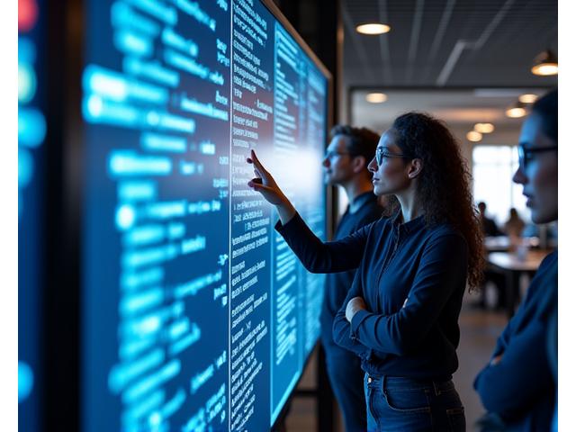 Technology team collaborating around a large screen displaying code and data